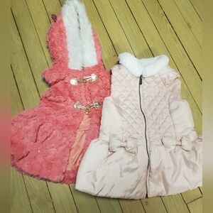 Bundle Of 2 Girls Size 4-5T Vests Quilted Puffer with Bow Accents And Faux Fur